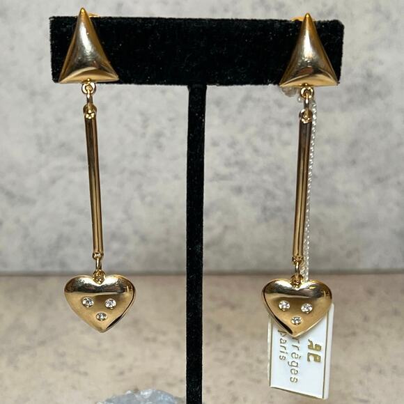 Vintage Courreges Paris Goldtone geometric heart drop dangle earrings clip ons - Picture 1 of 5